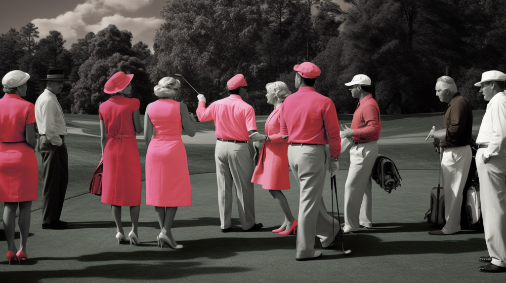 A poignant image portraying the lingering barriers faced by women in late 19th-century golf. On one side, scenes depict women denied access to golf club memberships and essential courses, symbolizing the access issues they confronted. In the center, a visual contrast unfolds between prestigious gentlemen's tournaments and the alternative, less-supported women's tournaments, emphasizing the disparities. The image captures the challenges and barriers that persisted, reinforcing a second-tier status for women in golf despite their increasing participation
