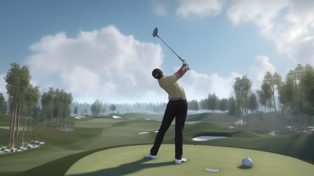 A golfer takes a confident swing, executing a provisional shot with the backdrop of a lush golf course. The image illustrates the golfer's strategic decision to save time and minimize penalties by employing a provisional ball. The efficient use of provisionals is highlighted, showcasing the player's understanding of the game's nuances. This visual encapsulates the golfer's empowerment through informed play and the ability to navigate challenges with skill and knowledge.