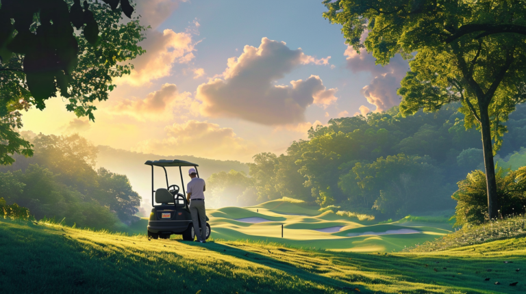 In a moment of contemplation, a golfer stands beside their golf cart, faced with the decision of when to replace aging batteries. The image portrays the golfer holding testing equipment, reflecting the data-driven approach to determining the right time for a battery swap. The golf cart, a silent witness to countless rounds, symbolizes the reliability that once was. This visual narrative harmonizes the practicality of battery replacement decisions with the emotional undertones of embarking on a new chapter in the golfing journey, ensuring uninterrupted power and reliability for the rounds ahead