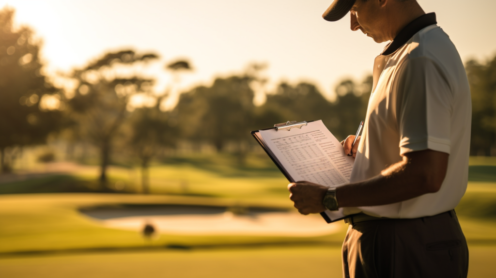 A golfer attentively reviewing their scorecard, pen in hand, against the backdrop of the golf course. The image captures the importance of proper score recording and adherence to golfing standards. The golfer's focused expression symbolizes the diligence required in ensuring accuracy and fairness in score reporting. This visual representation underlines the significance of following established procedures, resolving discrepancies, and seeking guidance from the golf committee when needed, to uphold the integrity of the game