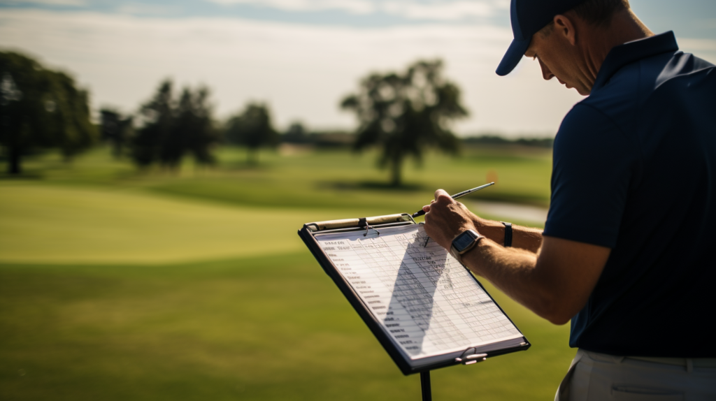 A golfer focused on updating their scorecard, pen in hand, capturing the precision and concentration required in recording each stroke during a round. The scorecard, with neatly filled-in numbers and par designations, symbolizes the journey through the course, where every stroke tells a story of skill and strategy. This image embodies the essence of golf scorekeeping, a vital aspect of fair play and self-improvement in the game