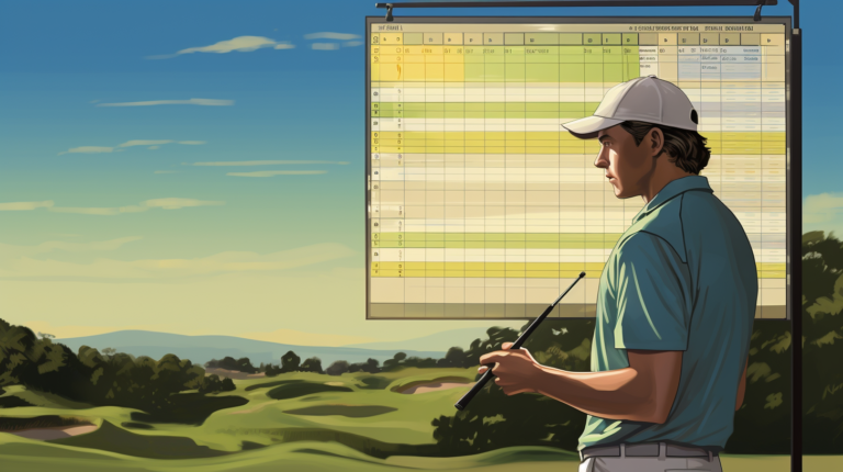 golfer meticulously recording scores on a well-worn scorecard, capturing the essence of precision and focus on the game. Each stroke, from the powerful drive to the delicate putt, is a step in the journey towards a fair and competitive round. The scorecard reflects the golfer's commitment to tracking performance with the precision that defines the sport.