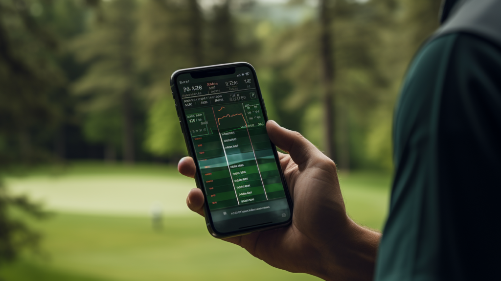 A golfer consulting a mobile phone app for golf scoring, with the picturesque golf course in the background. The image illustrates the integration of technology into the golfing experience, showcasing the convenience of accessing hole layouts and distances electronically. However, it emphasizes the coexistence of technology with traditional scorekeeping practices. The golfer's use of the mobile app serves as a helpful assistant, complementing the official manual scorekeeping process using the formal scorecard for a comprehensive and accurate record