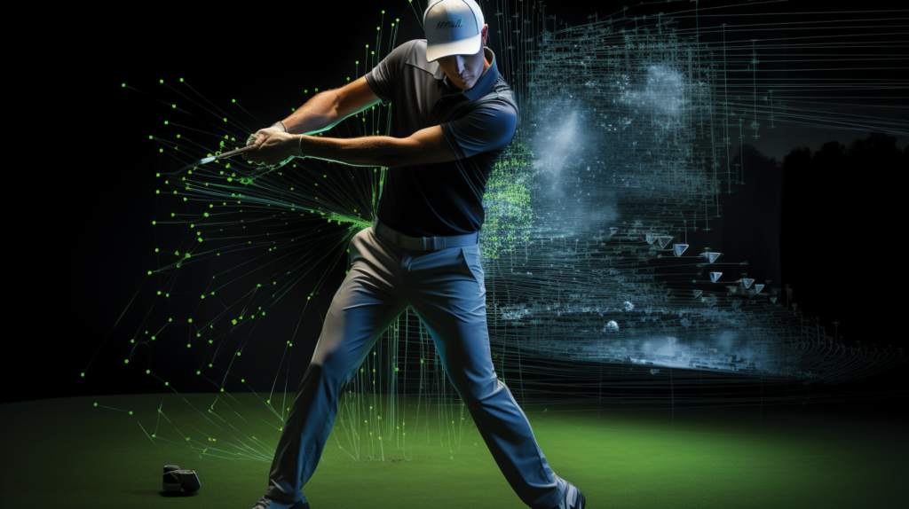 A golfer meticulously tracking shots during a round, capturing the intensity and focus required to account for every swing, putt, and penalty. The image showcases the golfer in various terrains—tee, fairway, bunker, and green—emphasizing the comprehensive nature of shot tracking. Each swing, even from challenging positions, is a crucial element in determining the player's performance and overall score. This visual representation highlights the precision and diligence involved in accurate golf scorekeeping