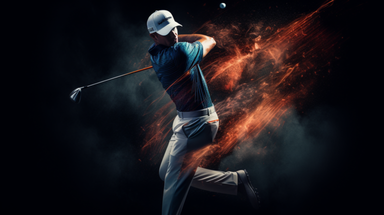 A golfer mid-swing, gracefully guiding the ball with a controlled fade. The arc of the club and intentional trajectory depict the essence of mastering the iconic fade shot in golf, a key strategy for enhancing scoring ability.