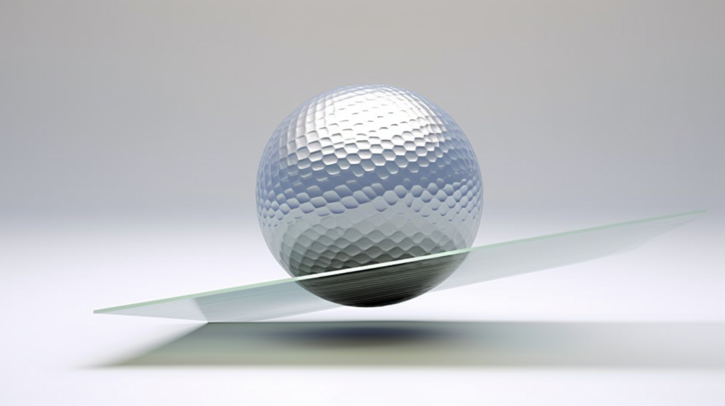 Craft a visually compelling image that illustrates how strategically placed dimples on a golf ball contribute to the reduction of aerodynamic drag. Showcase the indented contours of the dimples, symbolizing their strategic placement across the ball's surface. Emphasize the interaction between the dimples and the boundary layer flow, visually capturing the process of tripping and restarting the airflow. Use dynamic visual elements to represent the curved shape of dimples trapping vortices and adding energy to the overall airflow. Illustrate the smooth attached airflow over the aft portion, contrasting the dimpled ball with a smooth one. Ensure the image aligns seamlessly with the blog's explanation of how dimples effectively minimize aerodynamic drag for improved flight performance.