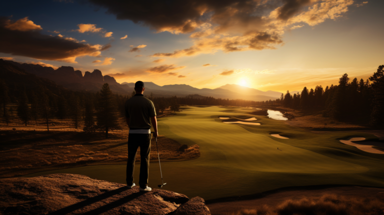 As the sun sets over the sprawling golf course, a lone golfer stands poised on the tee of a challenging par 5 hole. In this captivating image, the golfer's club is frozen mid-swing, capturing the precise moment of impact required for the mythical condor. The ball, a tiny speck against the vast sky, embarks on an improbable journey, soaring over 500 yards and defying the odds. This visual ode encapsulates the rare magic of achieving a condor – a four-under-par score in a single swing – a feat requiring unparalleled skill, power, and a touch of golfing destiny