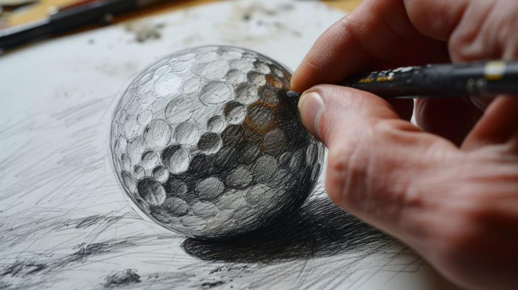 In this detailed step of the artistic journey, the artist meticulously refines the foundational shapes of the golf ball drawing. The hand, guided by a keen eye, makes subtle adjustments to proportions and contours, ensuring a visually harmonious composition. The careful use of a soft eraser smoothes out any irregularities, setting the stage for the gradual darkening of key contour lines. The image reflects the artist's dedication to precision, emphasizing the importance of a well-defined foundation before proceeding to the shading phase of the golf ball illustration