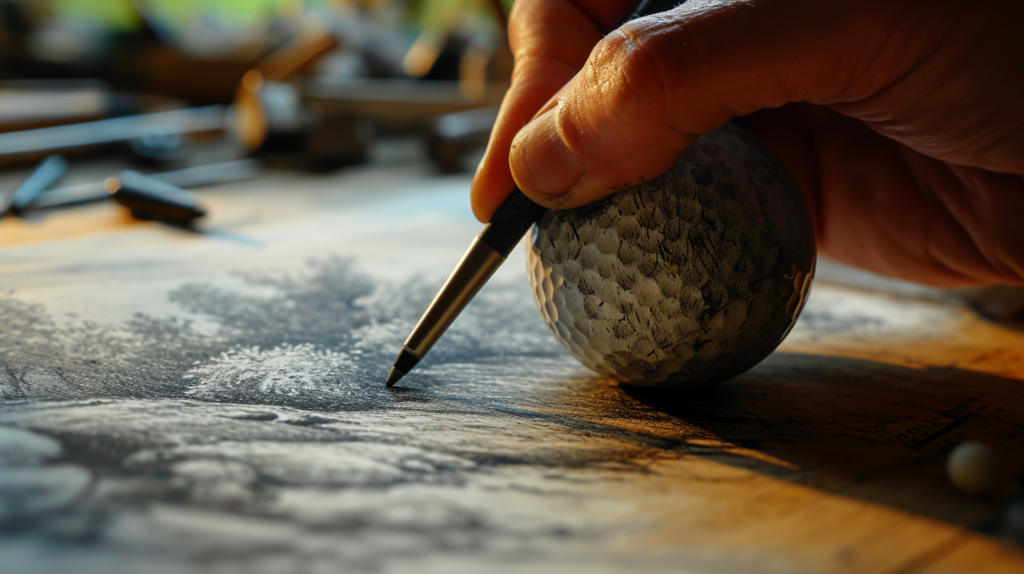 Envision the golf ball drawing progressing as a hand, holding the pencil with deliberate intent, adds a secondary interior circle within the initial faint outline. The artist's touch remains light, emphasizing the loose yet purposeful placement of the smaller circle, strategically positioned to give depth to the overall composition. The visual harmony between the two circles sets the stage for the upcoming shading and detailed linework, showcasing the meticulous approach to creating dimension in the golf ball illustration