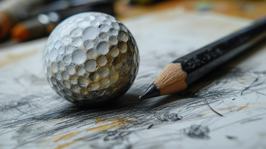 In this evolving illustration, the artist introduces a secondary interior circle, subtly enhancing the golf ball's three-dimensional appearance. The hand, guided by a light touch, strategically places the smaller circle within the initial outline, creating a visually distinct separation between the main body and the solid core center. The deliberate positioning hints at the upcoming detailing process, emphasizing the importance of proportion and balance in rendering a convincing representation of a golf ball