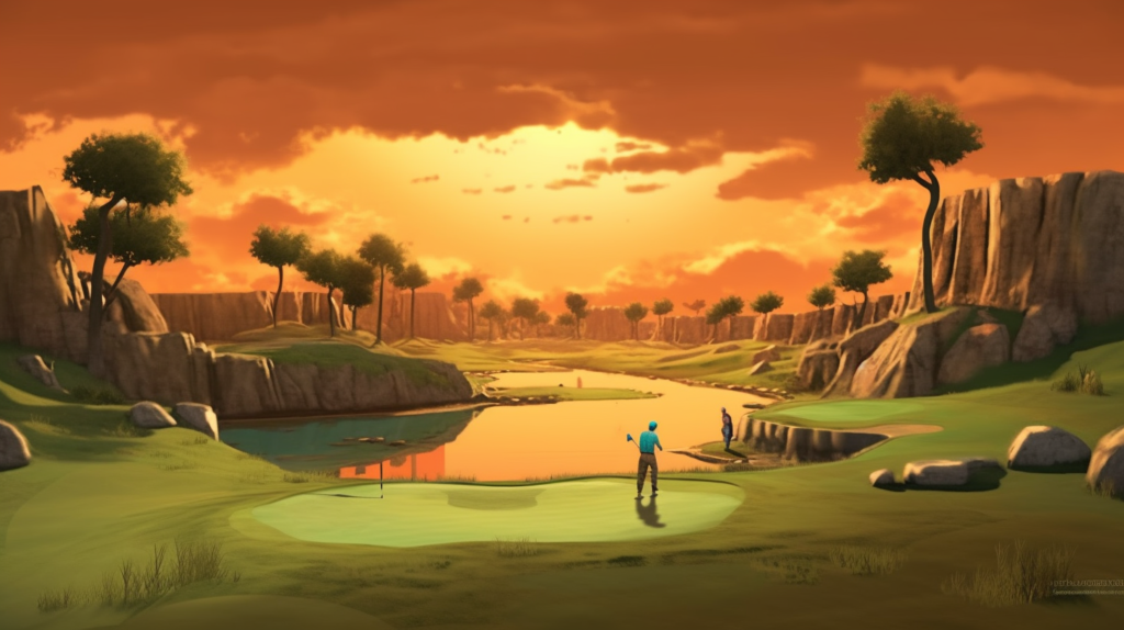 A compelling image capturing the essence of a skins golf game. Golfers huddled on the green, contemplating their next shots with determination. The lush fairway and blue sky provide a backdrop to the intensity of the competition. This visual encapsulates the excitement of winning individual holes, as players vie for skins and the accompanying rewards, adding a spirited edge to their golf round.