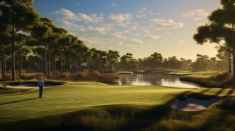 A golfer takes on a formidable water hazard, mid-swing, in a match play showdown. The sun bathes the golf course in a warm glow, emphasizing the strategic intensity of this hole-by-hole scoring battle.