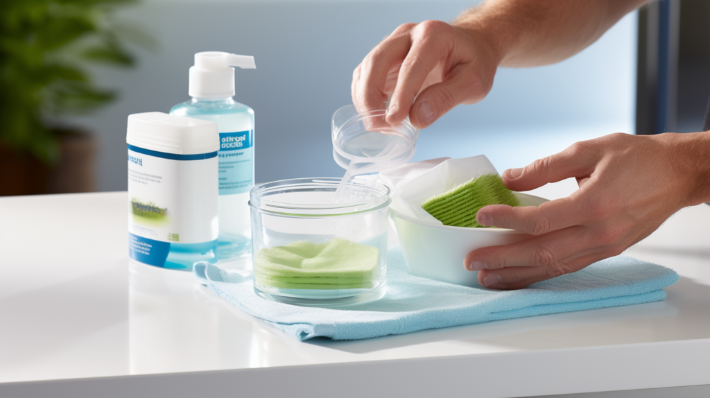 In this instructional image, a golfer assembles the essential supplies for effective golf grip cleaning: mild dish soap, warm water, a soft-bristle toothbrush, an absorbent lint-free towel, and a large container. The golfer expertly applies the soap solution, using the brush to reach into textured grip grooves. Submerging the grips in the container for a thorough clean, they diligently dry the grips with the lint-free towel. The careful selection and application of each item emphasize the importance of using mild, non-corrosive products for maintaining grips over time.