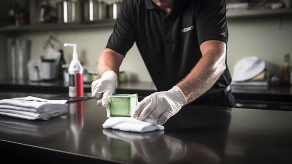 In this instructional image, a golfer demonstrates the deep-cleaning method for golf grips still attached to clubs. The golfer prepares a warm, soapy water solution in a large bucket, using a soft bristle toothbrush to vigorously scrub each grip. The image captures the golfer submerging the grips vertically, massaging and twisting them for effective soaking. Subsequent steps involve rinsing the grips under fresh running water, using the brush to remove loosened residue, and patting them dry with a lint-free cotton towel. The meticulous process ensures thorough cleaning without grip removal, promoting accessibility for golf enthusiasts seeking a detailed guide