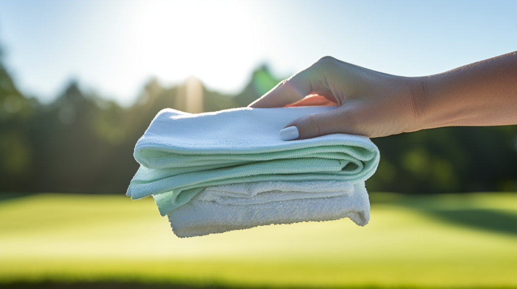 In this instructive image, a golfer efficiently demonstrates the fast wipe-down cleaning method for golf grips between rounds. Holding a lint-free towel with mild detergent grip cleaner, the golfer wets a portion with warm water, folding the towel to work up light suds. With clubs in hand, the golfer wipes down each grip, focusing on dirty regions and ensuring even cleaning. The image depicts the rinsing process, either using a separate damp towel or holding club heads under a gentle faucet stream. The golfer then pats down each grip with a new section of the towel for effective moisture absorption. This concise and visually clear guide enhances accessibility for golf enthusiasts seeking a quick and effective grip maintenance routine