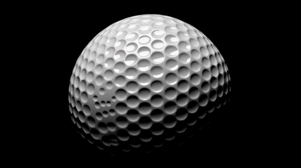 An intricately designed image captures the meticulous optimization of dimples on a golf ball's surface. The visual representation showcases the delicate balance of depth, size, and pattern. Dimples of varying depths illustrate the quest for low drag vortex flow without unnecessary resistance. The size and distribution density create a dynamic pattern, allowing efficient airflow from one dimple to the next. The layout pattern, depicted with precision, aims for uniform spreading to evenly distribute low-pressure drag vortices. This visual metaphor mirrors the blog's exploration of the interconnected parameters in aerodynamic efficiency, highlighting the detailed research and development invested by golf ball manufacturers to achieve optimal performance
