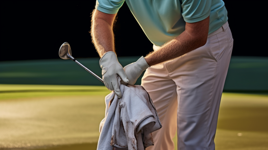 A committed golfer, bathed in sunlight, engages in a meticulous DIY grip cleaning session. With a soft brush, mild soap, and a clean towel, they focus on each grip, reviving tackiness and feel. The textured surface of the grips is highlighted by sunlight, showcasing the dedication to maintaining a crucial tactile connection. This image captures the essence of grip care for enhanced swing control and prolonged equipment lifespan