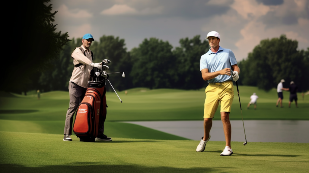 A visually rich image unravels the diverse income sources that bolster the overall earnings of full-time professional golf caddies. Visual elements gracefully symbolize the impact of merchandise and gear recommendations, showcasing the 10% commission on sales and the allure of high-end equipment. Imagery emphasizes backstage bonuses, capturing the financial rewards tied to tournament victories and top finishes. The composition visually communicates the substantial perks of covered travel and lodging expenses for caddies on the professional tour, offering glimpses into luxury accommodations and exquisite dining experiences. 