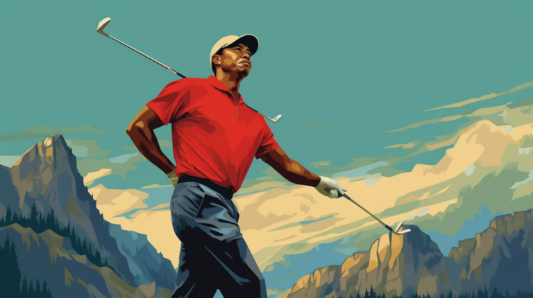 An evocative image encapsulates the narrative of Tiger Woods' comeback attempt from devastating leg injuries. The visual journey unfolds with elements representing golf, recovery, and the passage of time. A timeline, stretching from the 2021 car crash to the present, visually narrates Woods' enduring resilience. Golf imagery intertwines with symbols of rehabilitation, conveying the challenges and determination in his pursuit of another miracle comeback. The image mirrors the nuanced exploration of Tiger Woods' journey in the accompanying article, capturing the blend of hope, acknowledgment of long odds, and the unwavering spirit of one of golf's all-time greats.