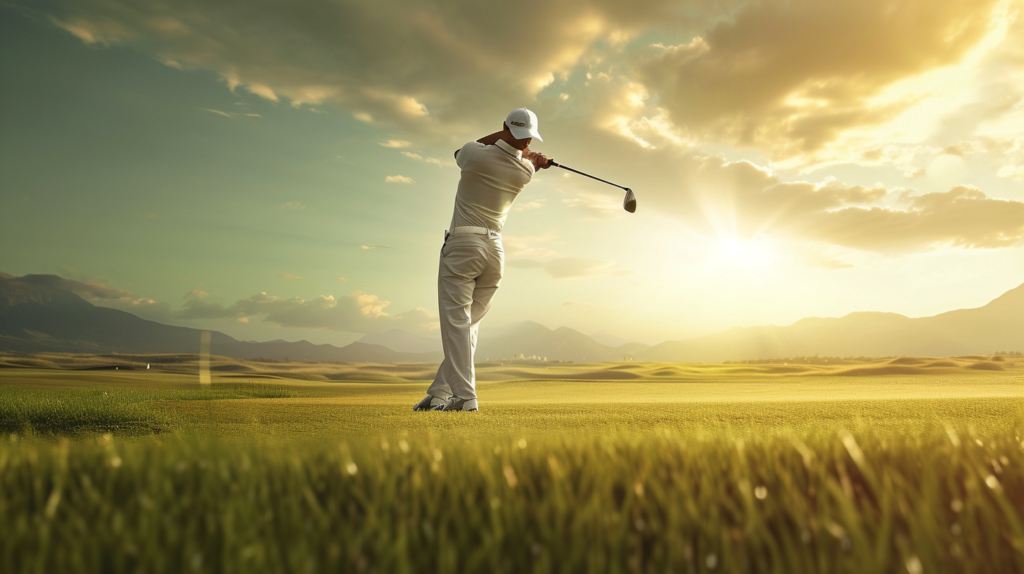 An image encapsulating the athletic nature of golf, depicting a golfer in action with a powerful swing. The lush greenery of the golf course and the focused expression on the player's face emphasize the physical exertion, skill, and recreational enjoyment inherent in the sport.