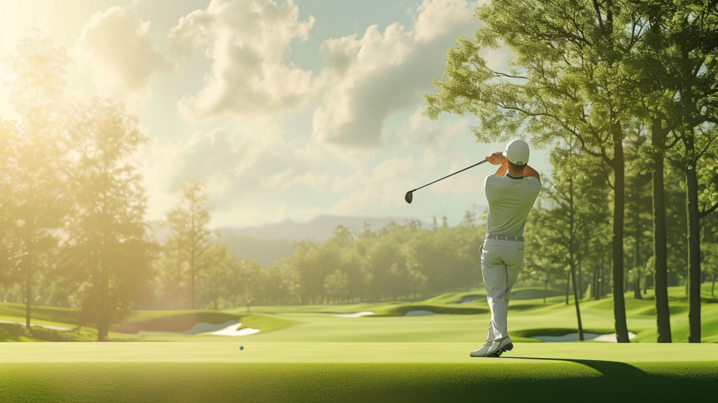A golfer masterfully executes an approach shot onto the green, surrounded by the beauty of the golf course. The image illustrates the key moments in creating birdie opportunities — a powerful and accurate drive, a pinpoint approach, and the potential for confident putting. Each element contributes to the artistry of achieving birdies on the course