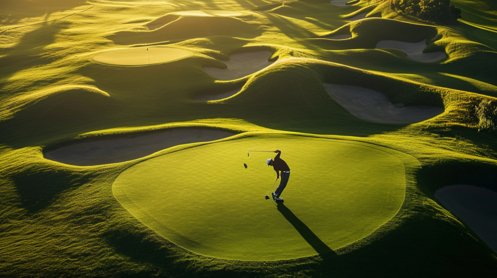 Image description: A golfer mid-swing on a challenging golf course, surrounded by undulating greens and bunkers. The image depicts the journey of honing skills and leveling the playing field through golf handicaps. The golfer's determination mirrors the blog's exploration of how handicapping systems create fairness and competition among players of varying abilities