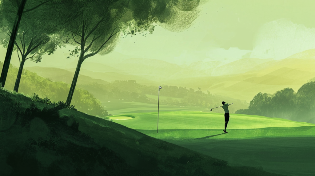 An insightful image capturing the pivotal moment in a golfer's journey as they navigate the world of golf clubs. The golfer stands amidst a diverse collection, contemplating the choice between woods, irons, wedges, and putters. The image tells the story of progression, from the formidable power of the driver to the finesse of the putter, against the canvas of a lush golf course. Alternative text: 'A golfer surrounded by an assortment of clubs, embodying the journey from selecting the right equipment as a beginner to honing a personalized set for skilled mastery on the golf course