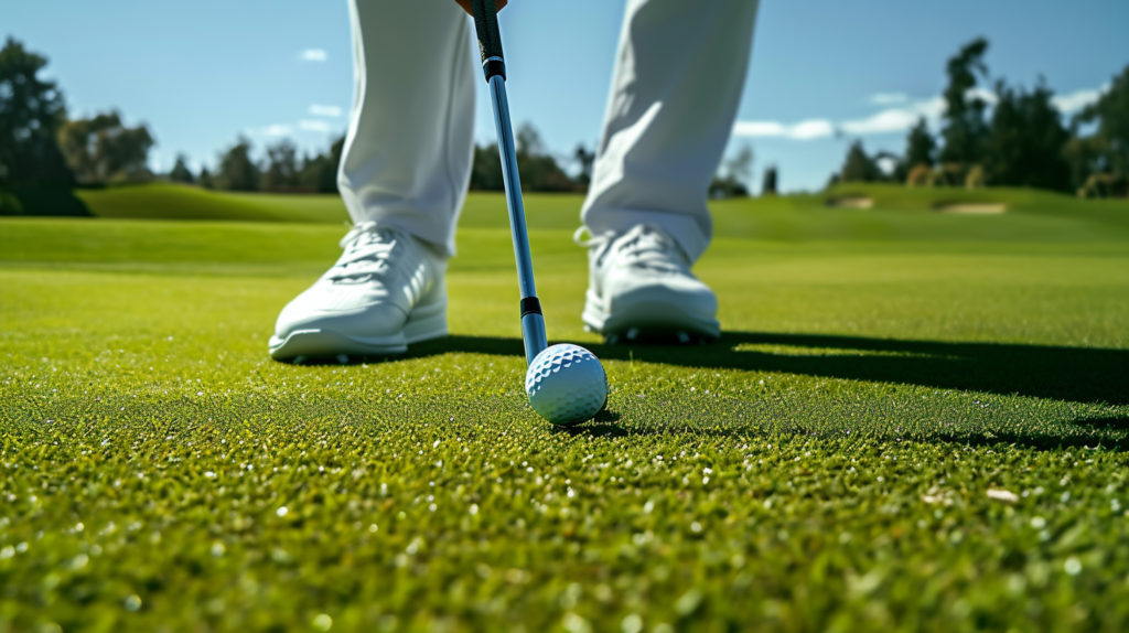 A golfer addresses the ball with precision, showcasing the correct ball position off the front foot. The image emphasizes the strategic placement in line with the left instep (for right-handed golfers), encouraging a downward strike and effective compression. The visual guide underlines the importance of consistent ball position based on the selected club, promoting a well-balanced weight distribution with approximately 60% on the front foot. This attention to detail helps prevent topped shots and ensures a more controlled and impactful golf swing