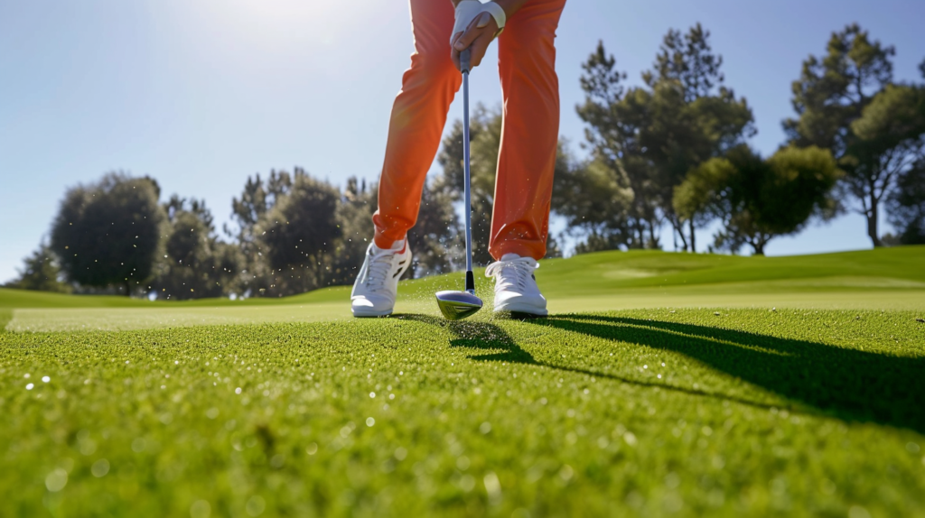 A golfer in the midst of a powerful downswing, showcasing the proper technique to prevent topped shots. The lower body initiates the motion, driving legs and core muscles toward the target. The club descends with a slightly steeper angle, avoiding the common mistake of sweeping too level. The image conveys the feeling of chopping down at impact rather than a sweeping motion. After impact, the wrists fully release, slinging the clubhead through with maximum speed. This visual guide emphasizes the importance of a controlled, low-club swing to achieve solid compression, take a divot, and ensure accurate ball striking