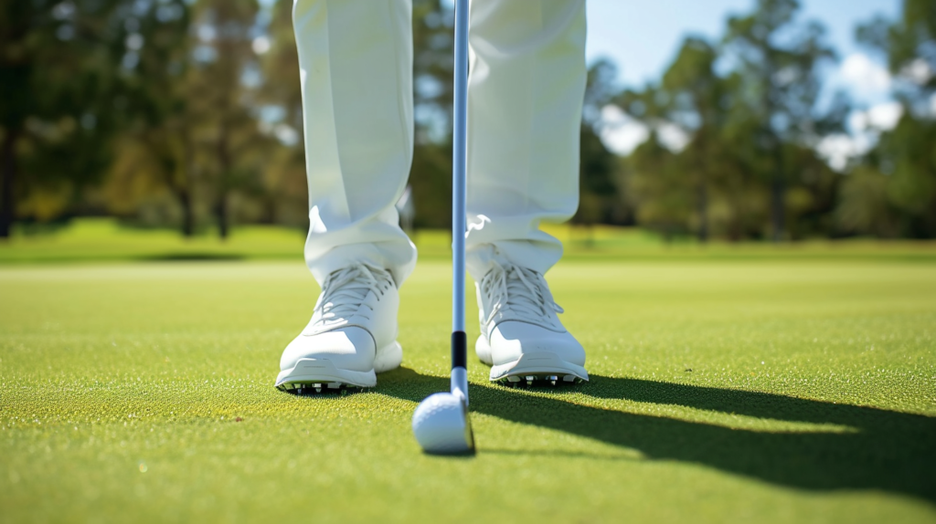 A golfer in optimal posture and focus, addressing the ball with a perfect setup to prevent topped shots. The image captures the golfer's controlled release, showcasing the unhinging of wrists and a seamless clubhead arc. The verdant fairway backdrop highlights the importance of maintaining balance and body rotation for a clean strike, ensuring the ball is compressed rather than topped