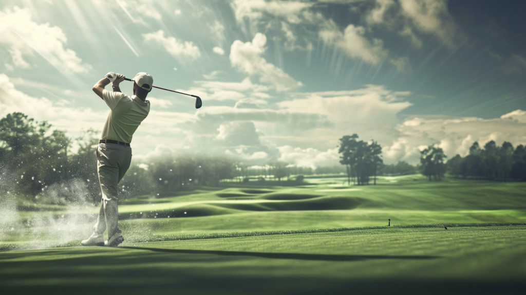 An evocative image portraying a golfer in action, showcasing the physical skill and precision required to swing the club. The expansive golf course landscape emphasizes the endurance aspect, symbolizing the physical demands of walking long distances during play in the pursuit of excellence in golf.
