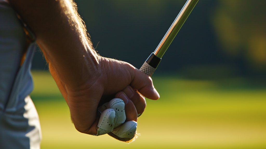 A golfer's hands delicately grip the club with a focus on the last three fingers, promoting a light and relaxed hold. The image illustrates the subtle positioning, mostly in the fingers rather than the palms, allowing for a natural wrist hinge and unhinge during the swing. This visual guide emphasizes the importance of avoiding excess tension, ensuring a smooth and controlled swing, and preventing topped shots. The golfer's hands embody the grace required for a tension-free and impactful golf grip