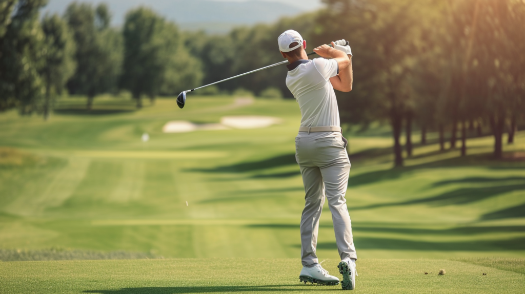 A golfer demonstrates the perfect stance and posture, addressing the ball with precision to prevent topped shots. Feet shoulder-width apart, the ball aligned with the left heel, and a slight hip bend create an athletic readiness. The image showcases the golfer's steady head and focused gaze on an intermediate target, reinforcing the key checkpoints for a successful address position that promotes a consistent and controlled swing