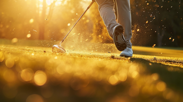 A golfer, absorbed in the flow of a swing, holds freshly regripped clubs – a tangible upgrade for ultimate comfort and performance. The golden sunlight highlights the renewed connection between player and club, promising a journey to improved ball striking, precise distance control, and consistent play. Elevate your game through the art of regripping.