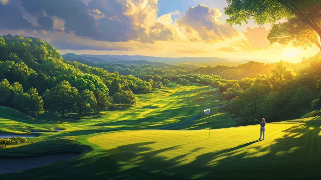 A golfer, club in hand, stands at the tee of a pristine golf course, surrounded by the tranquility of nature. The gentle morning sun illuminates the carefully crafted landscape, revealing a panorama of eighteen holes seamlessly woven into the terrain. This visual spectacle highlights the thoughtfully distributed mix of par 3, par 4, and par 5 holes, inviting golfers to embark on a journey that demands skill, precision, and a mastery of various clubs. The image embodies the essence of the eighteen-hole golf tradition, where each hole is a chapter in the golfer's adventure, promising both challenge and reward