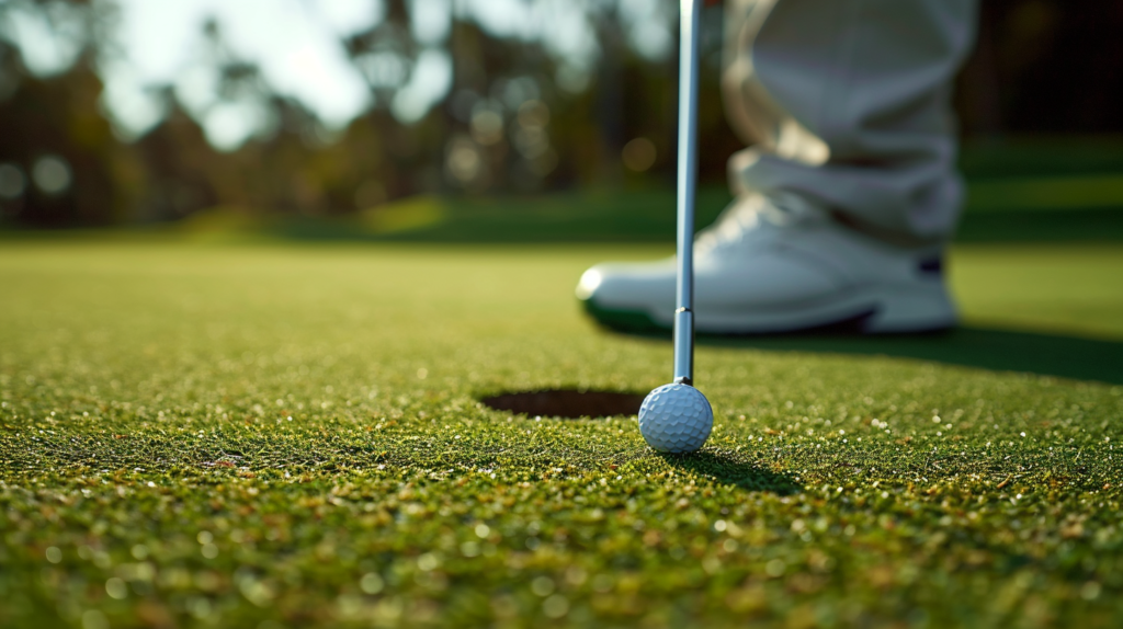 A golfer lines up a crucial putt, the bright white outline of the 4.25-inch hole defining the challenge against the smooth putting green. The image transitions to a close-up of the flagstick, proudly marking the hole location and adding visual depth to the golf course landscape.