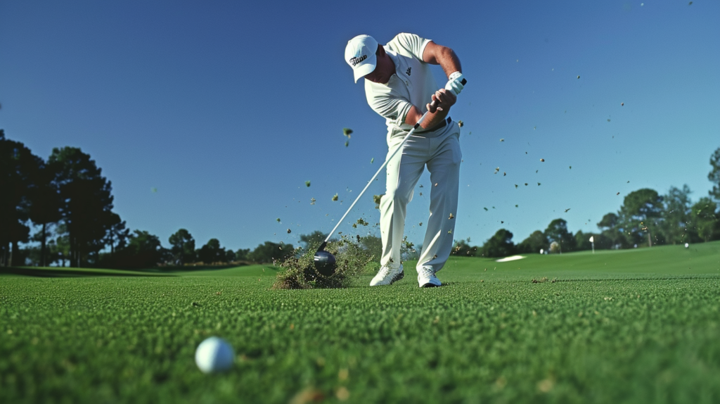 A golfer transitions into the downswing, showcasing the critical movements for an inside-out swing path and a closed clubface. The image captures the golfer regaining posture, shifting towards the lead side, and initiating a powerful hip clearance. The downswing unfolds with the lower body leading, as the front hip fires back towards the target, initiating a seamless torso rotation. The golfer maintains a steady head and constant spine angle, avoiding lateral slides or sways. The image emphasizes the lead knee's flex, allowing the hips to fully unwind, and the belt buckle pointing towards the target post-impact. The arms and club drop naturally into an inside, downward swing plane, aligning with the momentum generated by hip and torso rotation. A focus on wrist lag and maintaining the angle between the left arm and clubface adds finesse to achieve a square or closed impact position. This visual guide encapsulates the intricacies of a well-executed transition and downswing for mastering the draw in golf.
