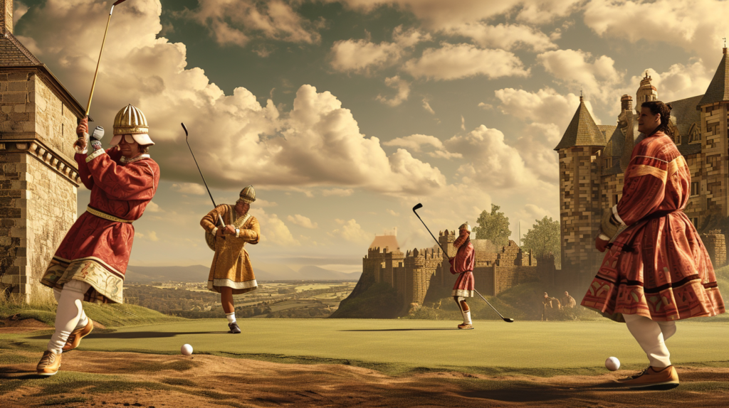 An artistic representation showcasing the evolutionary journey of golf from ancient Roman stick-and-ball games to the medieval landscapes of 15th-century Scotland. The image captures the transition from simple pastimes in open meadows to the structured, multi-hole journey known today. Roman-inspired stick-and-ball games blend into the undulating sand dunes and wide grassy fairways of Scottish coastal linkslands, where golfers strategically progress across meadowlands towards town-edge holes. This visual narrative encapsulates the essence of golf's historical roots and its transformation into the globally cherished sport we know today