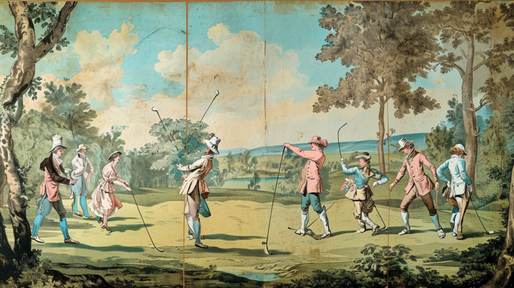 A visual journey through the evolution of golf rules, from the inaugural 13 rules in 1744 to the comprehensive set of 18 rules by the St Andrews Golf Club in 1759. The image captures the early concerns of safety, integrity, and pace of play on crowded courses, depicting scenes of golfers adhering to rules about assisting others, playing balls where they lie, and managing pace. The visual narrative extends through the centuries, reflecting the game's transition from a pastime for elites to a professionalized global sport. Evolving rules encompass considerations for technology advancements in golf club and ball specifications, symbolizing the ever-changing nature of the game. Today, golf tournaments test participants on both physical skill and a deep understanding of the intricate rules that govern the spor