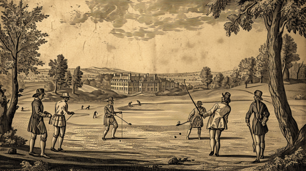 A compelling visual representation of the founding of the Honourable Company of Edinburgh Golfers in 1744. The image portrays the transition from open linkslands to the establishment of the first purpose-built golf course at Leith Links. Key figures like Captain John Rattray and Captain John Campbell are depicted, underscoring their pivotal roles. Visual cues include silver golf cups, symbolic of the Company's commitment, and the creation of the first written Rules, setting standards for golf courses, equipment, and etiquette. This groundbreaking moment not only transformed the golfing landscape in Scotland but also played a crucial role in the wider adoption of standardized rules as golf spread to England in the later part of the century. Alternative text: A historical tableau capturing the birth of the Honourable Company of Edinburgh Golfers, marking the shift from transient linkslands to a permanent course and the introduction of standardized rules that shaped the future of golf