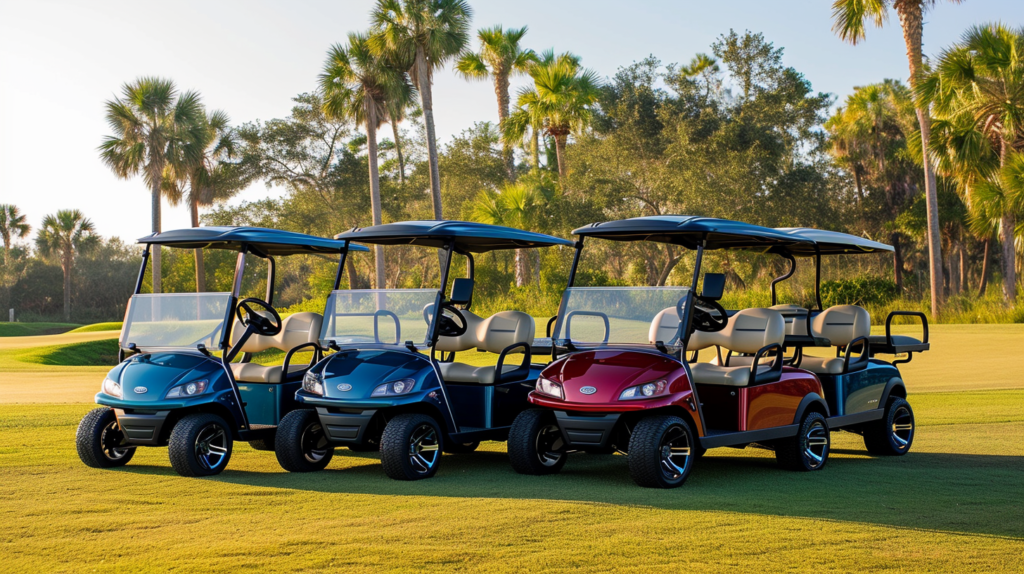 A dynamic collage portraying the multifaceted influences on golf cart pricing. From sleek, new carts with pristine features to well-maintained, pre-owned models, the image captures the spectrum of choices. Icons representing gas and electric options, renowned brands, and various usage scenarios, including golf courses and paved paths, highlight the comprehensive considerations impacting golf cart valuations.