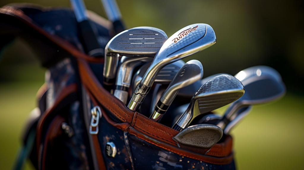 A golfer stands beside a meticulously organized golf bag, featuring a customized setup tailored to the demands of a specific course and weather conditions. The image portrays the ease with which the golfer accesses precisely chosen clubs, ready to tackle the challenges posed by the environment. This visual captures the strategic adaptation of club selection to enhance performance, emphasizing the importance of flexibility in golf bag organization