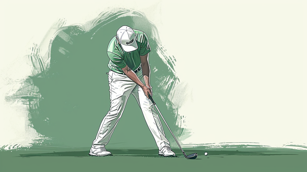 A golfer assumes a purposeful stance to master the draw in golf. The image showcases the precise alignment of feet, hips, and shoulders slightly left of the target line, promoting an inside-out swing path. The golfer's front foot is flared out more than the back, emphasizing the open stance. A counterclockwise rotation of the shoulders ensures proper alignment, with the chest pointing just left of the original target. The balanced weight distribution between both feet or slightly favoring the front side is evident in the stance. This visual guide encapsulates the essential elements for achieving the desired draw, emphasizing the importance of a well-balanced and open stance for an effective in-to-out swing