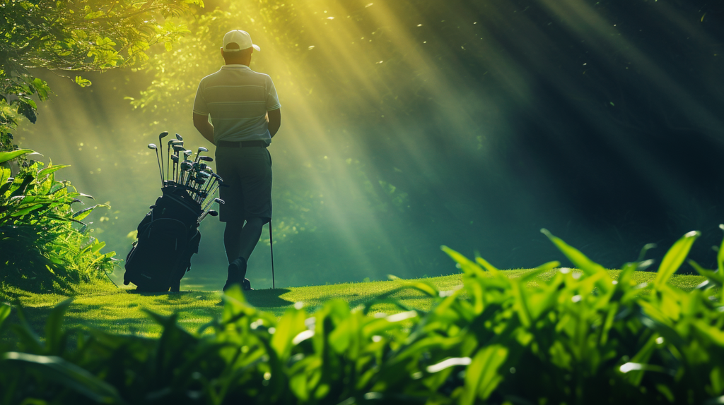 As the sun sets over a pristine golf course, a golf bag takes center stage, adorned with precisely fourteen clubs. This image encapsulates the essence of golf's rules, allowing golfers to wield a diverse array of tools for varying situations. Each club, strategically positioned, symbolizes the golfer's versatility and readiness for challenges on the course. The warm glow reflects both the competitive spirit of adhering to official guidelines and the freedom enjoyed in casual recreational play, where the golfer can go beyond the fourteen club limit