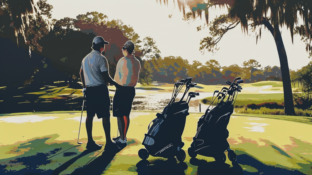 In a vibrant scene, a golfer and their caddie engage in strategic discussions during a practice round. The golfer, surrounded by their fourteen essential clubs, contemplates options presented by the caddie who holds a few additional clubs. This image encapsulates the collaborative process of testing and evaluating various club options, allowing the golfer and caddie to fine-tune their selection for optimal performance. The caddie's role in presenting additional clubs for consideration brings a dynamic and experimental element to the practice session, showcasing the advantage of having extra options without overwhelming the golfer's bag
