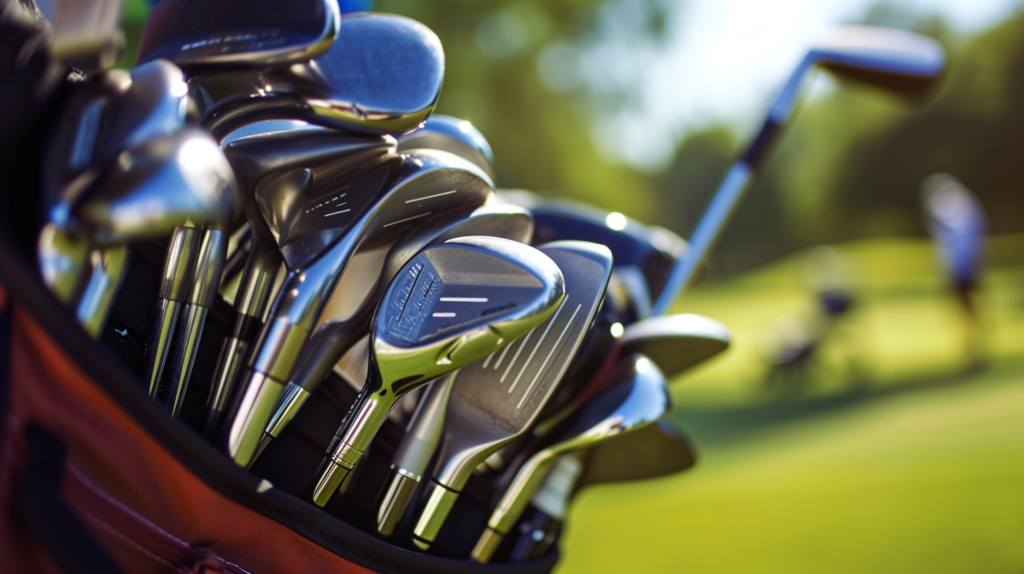 An array of golf clubs displayed on a pristine golf bag forms a visual spectrum of possibilities for the avid golfer. From the powerful driver to the versatile hybrids, precise irons, and specialty wedges, each club tells a story of strategic choices on the course. The image captures the essence of a well-equipped golfer, ready to navigate the challenges of the game with a carefully curated set of fourteen clubs. In the background, a golfer contemplates their next move, highlighting the importance of club selection in the pursuit of a successful round.