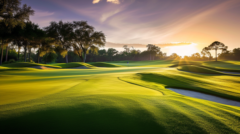 A golfer, club in hand, gazes across a meticulously designed course, where the undulating terrain and precisely placed hazards await. The first light of dawn casts a warm glow on the emerald fairways and neatly trimmed greens. This image embodies the legacy of the 18-hole tradition, inviting players to navigate the challenges, relive the history, and savor the timeless beauty of a sport that spans generations
