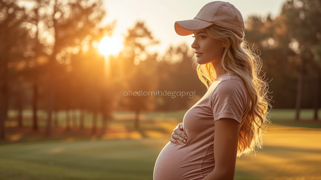 A poised and stylish pregnant golfer embodies comfort on the course, showcasing the benefits of maternity fitness belts and specially designed golf attire. The adjustable support system and adaptable swing patterns highlight the game-changing accessories that make golf a comfortable and enjoyable experience during pregnancy. The image captures the essence of balance, adaptability, and convenience for expectant mothers on the golf course