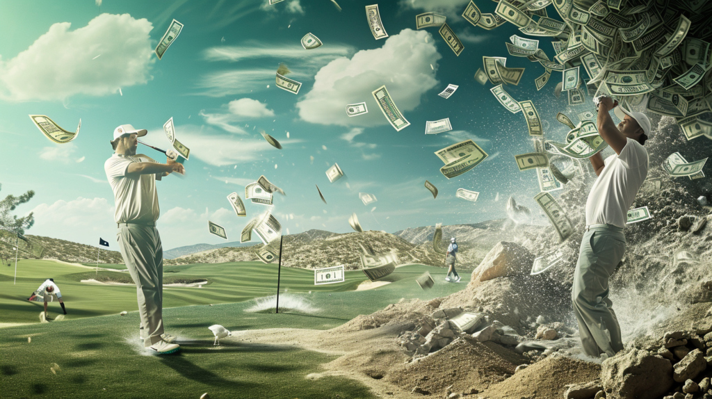 In a visually striking tableau, iconic golfers, including former PGA Tour stars like Dustin Johnson, Phil Mickelson, and Brooks Koepka, take the leap to LIV Golf amidst a backdrop of swirling dollar signs. The image symbolizes the seismic shift in professional golf, highlighting the incredible financial enticements reshaping the landscape. As golfers chase unprecedented sums, questions of ethics and accusations of 'blood money' linger in the air. The image captures the transformative impact of LIV Golf, raising uncertainties about its long-term sustainability and the potential ripple effects on the conservative traditions of the PGA Tour.