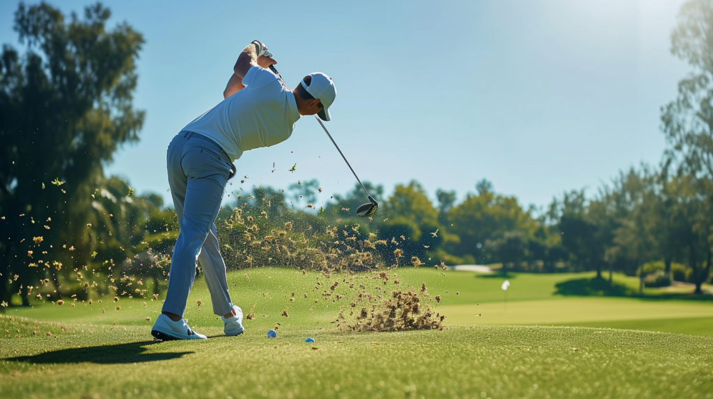 This captivating image captures the golfer in the final moments of the golf swing, showcasing a graceful and balanced finish. The golfer's legs drive downward, hips clear out of the way, and arms extend through impact, releasing the club head speed behind the ball. The visual emphasizes the avoidance of premature cutting off of the motion or flipping hands over at the ball. In the fully rotated impact pose around the lead leg, hips and shoulders face the target square on, showcasing the optimal weight distribution forward through the lead hip. Against the backdrop of a serene golf course, this image symbolizes the concluding stages of a golf swing, highlighting the commitment to fundamental principles for consistent and powerful strikes, as discussed in the blog section
